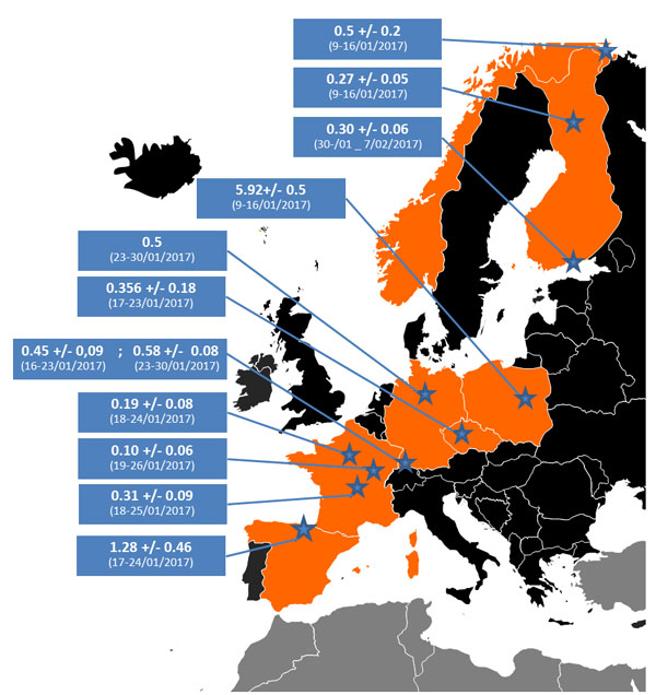 13-iodo ihesaren arrastoak aurkitu dira otsailean zehar Europa atlantikoan, tartean Euskal Herrian. (Grafikoa: IRSN)